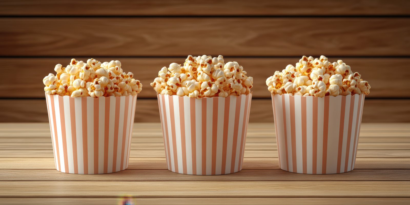 Popcorn in striped containers ready for movie night, set against a wooden background in a cozy atmosphere
